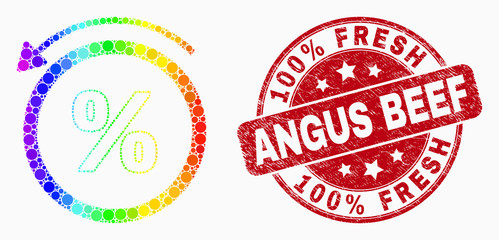 Dot spectrum percent back mosaic icon and 100% Fresh Angus Beef stamp. Red vector round distress seal stamp with 100% Fresh Angus Beef phrase. Vector collage in flat style.