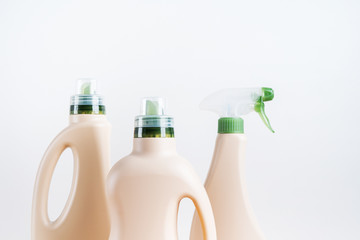 Set of blank label bottles for mockup packaging of cleaning detergent on white background. Cleaning...