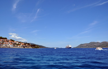 Close - up of the cruise ship HAL Koningsdam off the coast of Croatia in the Adriatic sea. August 2019.