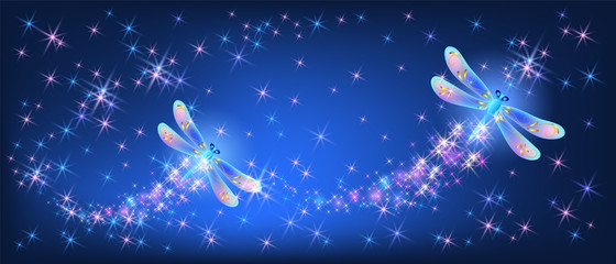 Flying dragonfly with sparkle and blazing trail