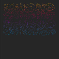 Healthy food and cooking. Fruits, vegetables, household. Doodle vector set.