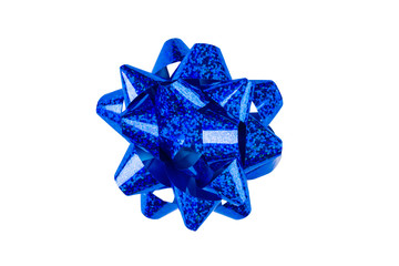 Blue paper holiday bow over white isolated background. Single object. Mockup. Top view