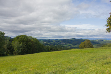 Fototapeta na wymiar Voralpen Landschaft Wienerwald mit Wiese und Wolken