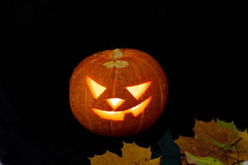 Halloween Pumpkins On Wood In A Spooky Forest At Night