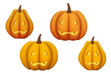 Colorful ripe Jack pumpkins clip art kit. Autumn, Halloween graphics white isolated