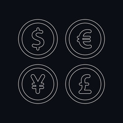 Currency icon set. Money sign. Euro, Dollar, Yen, Pound. Vector illustration