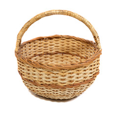 Empty wooden wicker basket isolated on white background.
