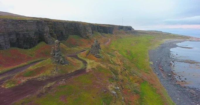 Dva Brata Rock (Saami tract). Sredniy Peninsula. Barents Sea, Murmansk region. Russia. Aerial