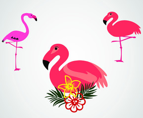 Flamingo and tropical flowers suitable for summer poster, card and t-shirt design. VECTOR