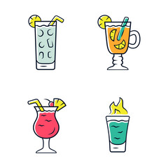 Drinks color icons set. Cocktail in highball glass, hot toddy, pina colada, flaming shot. Alcoholic mixes and soft drinks. Refreshing and warming beverages. Isolated vector illustrations