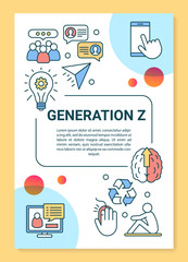 Generation Z poster template layout. Modern age group lifestyle. Digital Natives. Banner, booklet, leaflet print design with icons. Gen Z goals. Vector brochure layout for magazine, advertising flyer