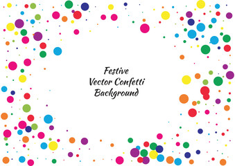 Festive color round confetti background. Abstract frame confetti texture for holiday, postcard, poster, website, carnivals, birthday and children's parties. Cover confetti mock-up. Wedding card layout