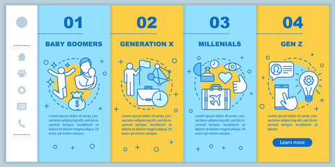 Generation onboarding mobile web pages vector template. Baby boomers. Responsive smartphone website interface idea with linear illustrations. Webpage walkthrough step screens. Color concept