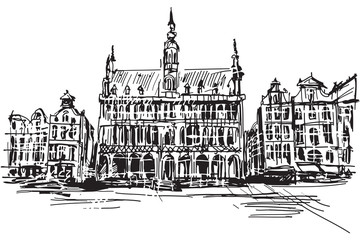 Rysynek ręcznie rysowany. Centrum Brukseli w Belgii - obrazy, fototapety, plakaty