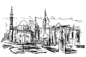 Rysynek ręcznie rysowany. Historyczna dzielnica w Kairze w Egipcie - obrazy, fototapety, plakaty