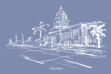 Rysynek ręcznie rysowany. Ulica w Hawanie - obrazy, fototapety, plakaty