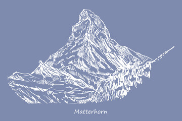 Rysynek ręcznie rysowany.  Widok na górę Matterhorn w Alpach - obrazy, fototapety, plakaty