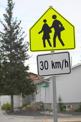  Yellowknife,Canada-August 29, 2019:  School Ahead sign in Yellowknife, Canada