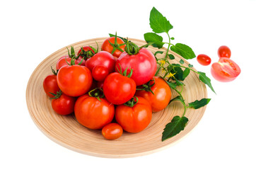 Wooden dish with different ripe tomatoes on white background.