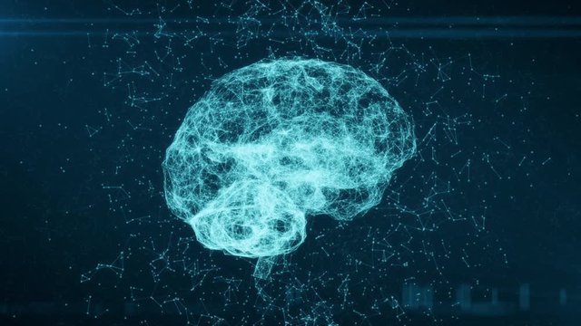 Close up view of rotating artificial intelligence (AI) brain animation, data mining, deep learning modern computer technologies concepts. New generation technology, internet. Gadgets and devices