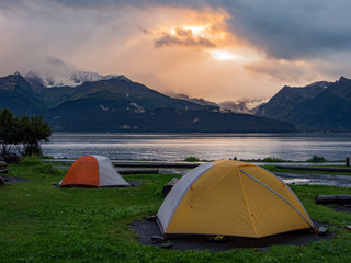 Tents on Shore of Resurrection Bay, Seward, Alaska at Sunrise