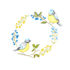 Autumn leaf, berries and Tomtit birds Frame isolated on a white background. Watercolor hand drawn Bird BlueTit sitting on the Branch. Greeting card, poster, banner concept with copy space for text.