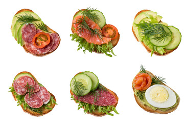 Set of six different sandwiches with sausage, cucumber, tomatoes, salmon, egg, avocado.