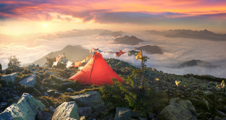flags in the wind in the mountains
