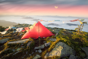 flags in the wind in the mountains