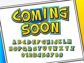 Funny comics font, kid's alphabet in style of pop art. Multilayer yellow-blue letters with halftone effect on comic book page for decoration of children's illustrations, posters, advertising