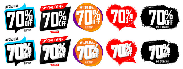 Set Sale 70% off banners, discount tags design template, special offer, end of season deal, app icons, vector illustration
