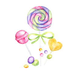 Lollipops bright colors on white background. Watercolor hand drawn candies illustration for menu design, cards, poster, baner, invitations. Bright colors candy set.
