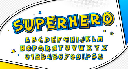 Funny comics font, kid's alphabet in style of pop art. Multilayer yellow-blue letters with halftone effect on comic book page for decoration of children's illustrations, posters, advertising
