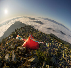 flags in the wind in the mountains