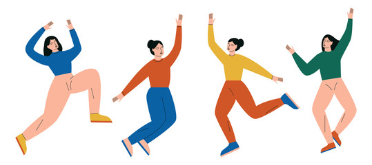 Set of happy woman jumping. People are jumping with excitement or happiness. Flat vector illustration
