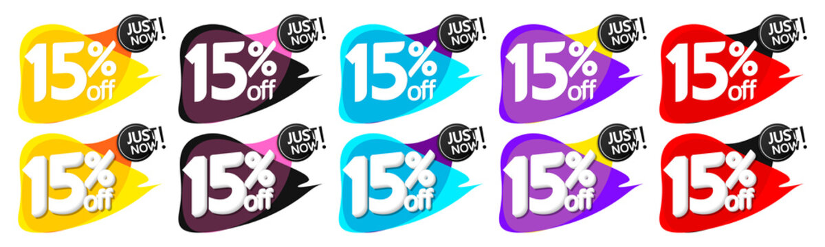 Set Sale bubble banners design template, discount 15% off tags, app icons, just now, vector illustration 