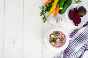 Cold beet soup with cucumbers. Studio Photo