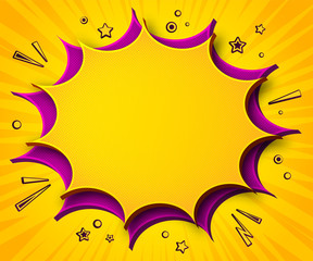 Comics background. Cartoon poster in pop art style with yellow - purple speech bubbles with halftone and sound effects. Funny colorful banner with place for text on yellow backdrop with radial stripes
