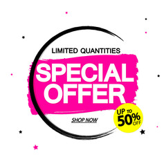 Special Offer, Sale banner design template, up to 50% off, discount tag, grunge brush, vector illustration