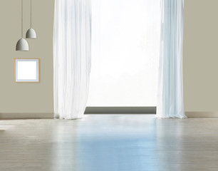 stone wall empty interior decoration modern red lamp and wooden floor concept, decorative and background for home, office, hotel