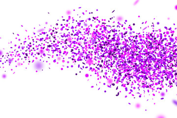 Purple confetti. Falling randomly glitter tinsel. Shiny isolated round particles on white background. Vector celebration illustration for carnival, party, anniversary or birthday.