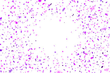 Purple confetti. Falling randomly glitter tinsel. Shiny isolated round particles on white background. Vector celebration illustration for carnival, party, anniversary or birthday.