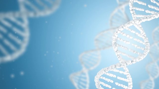 Vertical DNA double helix animate in and out on bright blue background with small particles. Seamless loop from frame 0 to 599, and from frame 150 to 450. Clean medical background. Luma matte included