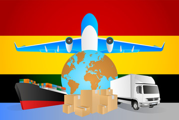 Bolivia logistics concept illustration. National flag of Bolivia from the back of globe, airplane, truck and cargo container ship