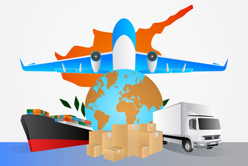 Cyprus logistics concept illustration. National flag of Cyprus from the back of globe, airplane, truck and cargo container ship