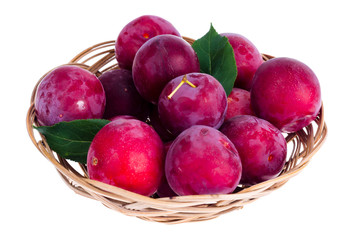 Ripe sweet plums in wicker bowl. Photo