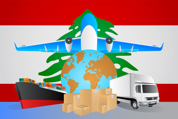 Lebanon logistics concept illustration. National flag of Lebanon from the back of globe, airplane, truck and cargo container ship