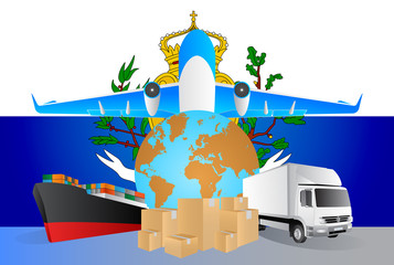 San Marino logistics concept illustration. National flag of San Marino from the back of globe, airplane, truck and cargo container ship