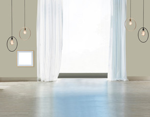 stone wall empty interior decoration modern red lamp and wooden floor concept, decorative and background for home, office, hotel