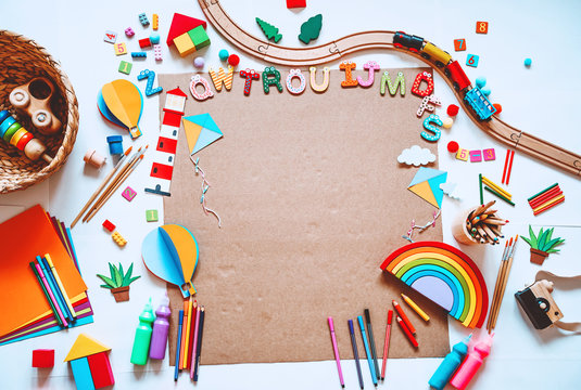 Kindergarten or preschool background. Art child frame with empty paper.
